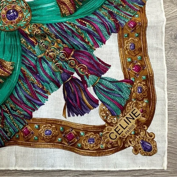 Authentic Vintage Celine Tassels & Bold Colored JewelsCotton Square Scarf